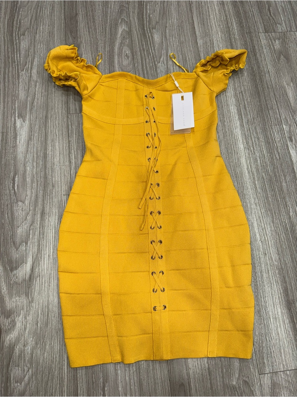 Endless Rose Yellow Lace-Up Off-Shoulder Mini Dress